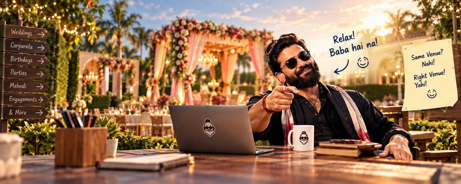 Baba pointing at a decorated wedding venue — find the perfect venue for your event